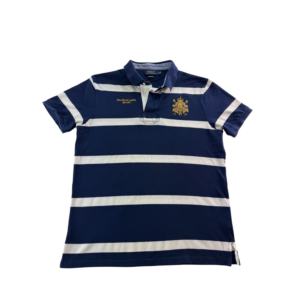 Polo Ralph Lauren Mens Custom Fit Striped Rugby Polo Shirt Navy White Sz LG Logo